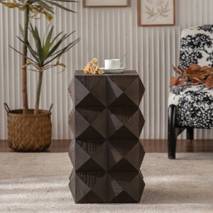 English Elm 23.62"Height Vintage Embossed Retro Side Table with Three-Dimensional Carved Pattern Durable Wood Nightstand Brown W757P250946