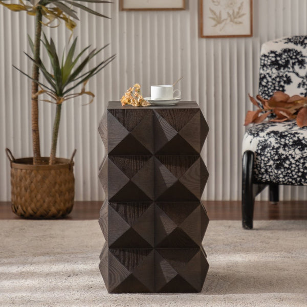 English Elm 23.62"Height Vintage Embossed Retro Side Table with Three-Dimensional Carved Pattern Durable Wood Nightstand Brown W757P250946