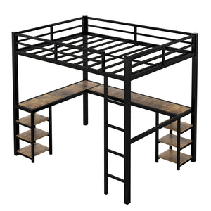 English Elm Full Metal Loft Bed With Vintage Wood Desk & Shelves - Stylish Space-Saving Solution For Bedrooms W1580S00040