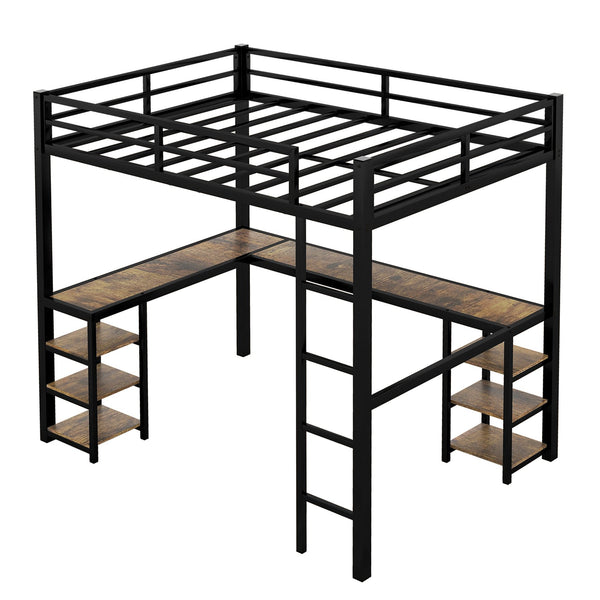 English Elm Full Metal Loft Bed With Vintage Wood Desk & Shelves - Stylish Space-Saving Solution For Bedrooms W1580S00040