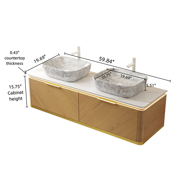 English Elm Dina 60 Inch Floating Bathroom Vanity Sintered Stone Top Dual Glass Basins Wood Grain W2615S00535