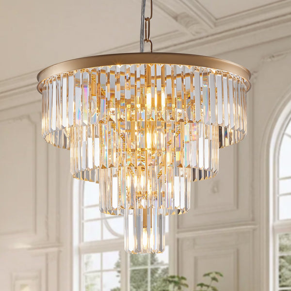 English Elm 24" Modern Crystal Chandelier 4-Tier K9 Crystals French Gold Ceiling Light for Dining Room W2312P368687