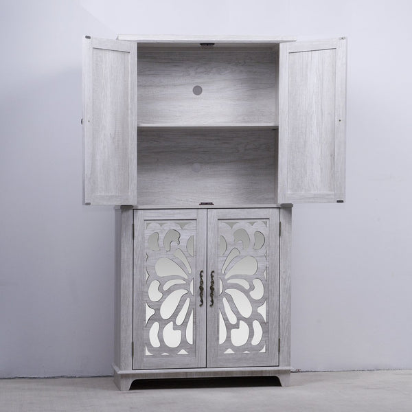English Elm 67.4"h Mirrored Corner Cabinet Carved Butterfly Doors Adjustable Shelves Entryway Storage Light Gray W2899P374348