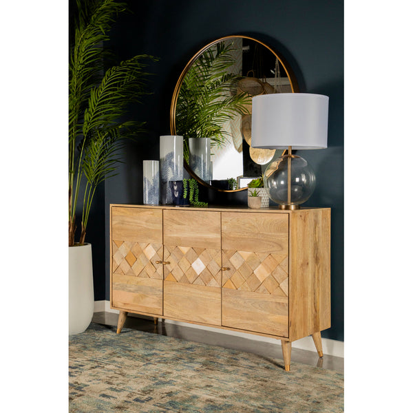 English Elm Austin Natural 3-Door Accent Cabinet with Checkered Pattern, Tapered Legs, Warm Wood Grain Finish B062P328615