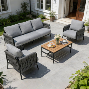 English Elm 4-piece Outdoor Conversation Set Hand Woven Rope Seating with Thick Cushions Wpc Table T5880S00019