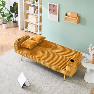 English Elm 74.01 Corduroy Convertible Sofa Bed with 3-Level Recline, Cup Holders, Solid Wood Frame, 500lb Capacity Orange W1658P251985