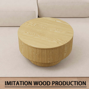 English Elm 29.53 Inch Round Mdf Coffee Table with Grooved Sides and Concealed Storage for Living Rooms W2189P320662