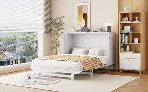 English Elm Murphy Queen Wall Bed with Frosted Glass Cabinet Facade Gold Legs Pine Frame White N820S00028K