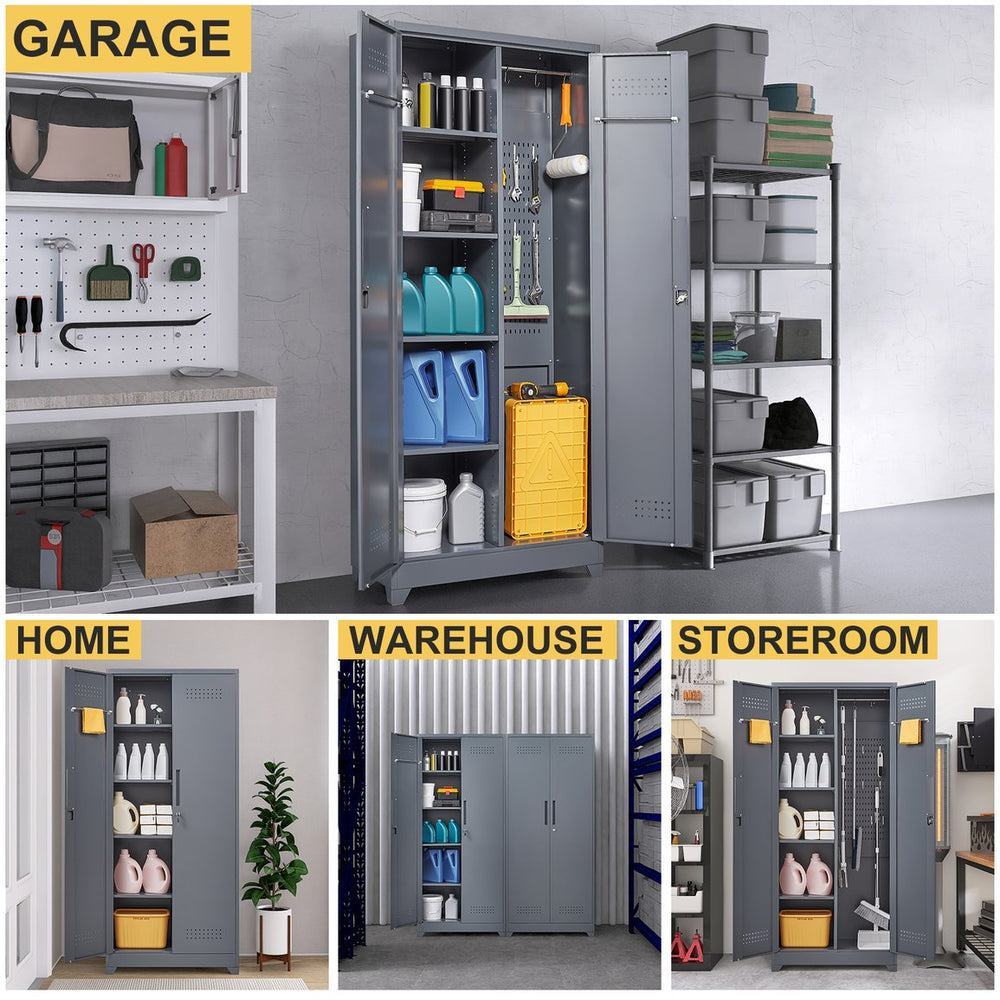 English Elm Gray Steel Locking Tall Storage Cabinet with Adjustable Shelves for Kitchen or Shop Grey T3625P372658