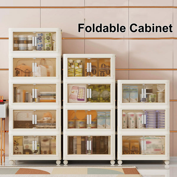 English Elm 19.69" Versatile 4-Tier Folding Storage Cabinet With Wheels, Magnetic Door & Collapsible Bins For Home W2873P207556