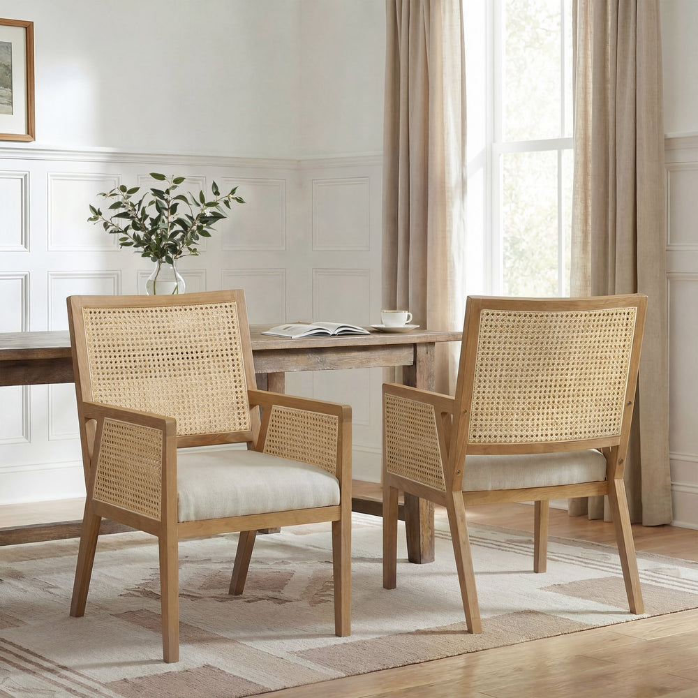 English Elm Natural Rattan Woven Armchair Set Rubberwood Farmhouse Coastal Dining Seating Pair Beige,Natural N776P385750N