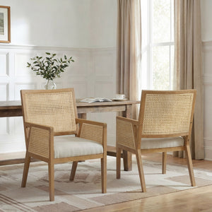 English Elm Natural Rattan Woven Armchair Set Rubberwood Farmhouse Coastal Dining Seating Pair Beige,Natural N776P385750N