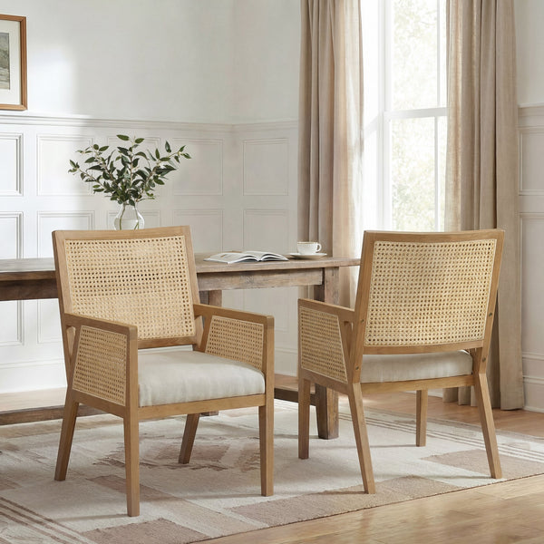 English Elm Natural Rattan Woven Armchair Set Rubberwood Farmhouse Coastal Dining Seating Pair Beige,Natural N776P385750N