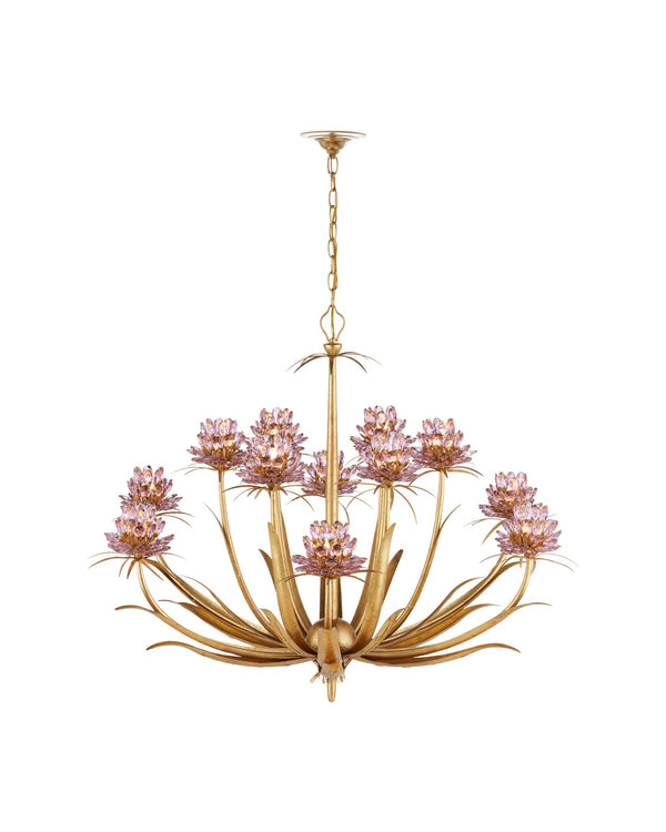 Currey & Company Marilee Medium Chandelier - Elegant Floral Design With Dutch Gold Leaf Finish & Crystal Accents Pink Crystal ,Wrought Iron 9000-1307-currey-company