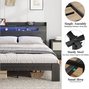 English Elm Bed Frame Queen Size - Modern Wood Platform Bed With Led Headboard, Usb Ports & Under-Bed Storage W636P277309