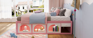 English Elm Queen Storage Platform Bed with Led Lighting Bookshelf Display Cabinet and Pull-out Drawer Pink+White N820S00078H