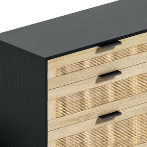 English Elm 59" Rattan Dresser with 6 Spacious Drawers, Stylish Woven Texture, Metal Handles & Wood Legs for Bedroom Black W757P209512