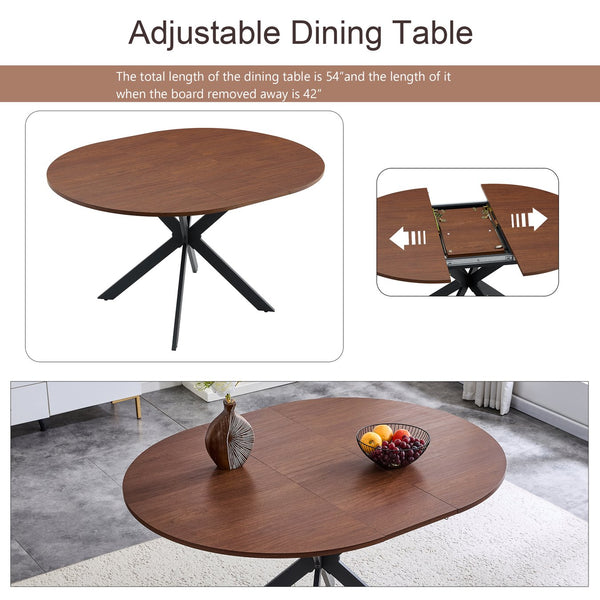 English Elm Extendable Round Dining Table Walnut Grain Top Matte Black Base Seats 4 to 6 W3875S00001