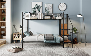 English Elm Twin Over Full Metal Bunk Bed with Trundle, Step Ladder Storage, Wardrobe & Wire Shelving, Durable Frame Black SF000172AAB