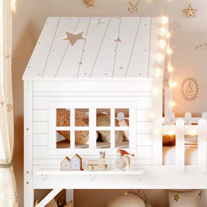English Elm Twin Playhouse Loft Bed Solid Pine Frame with Slide Led Lights and Star Roof White W5316S00001