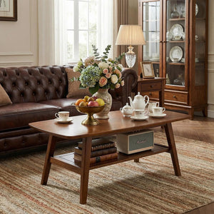 English Elm Mid Century Modern Solid Oak Two Tier Coffee Table with Open Shelf for Living Room Walnut W3204P469105