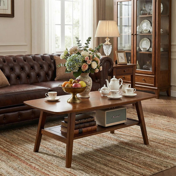 English Elm Mid Century Modern Solid Oak Two Tier Coffee Table with Open Shelf for Living Room Walnut W3204P469105