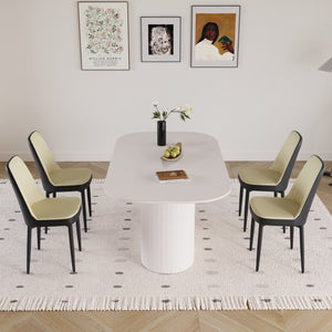 English Elm 63 Inch Mdf Cream Dining Set with Pu Cushioned Chairs and Black Metal Legs Seats 4 Beige+Cream,Black W2189S00873