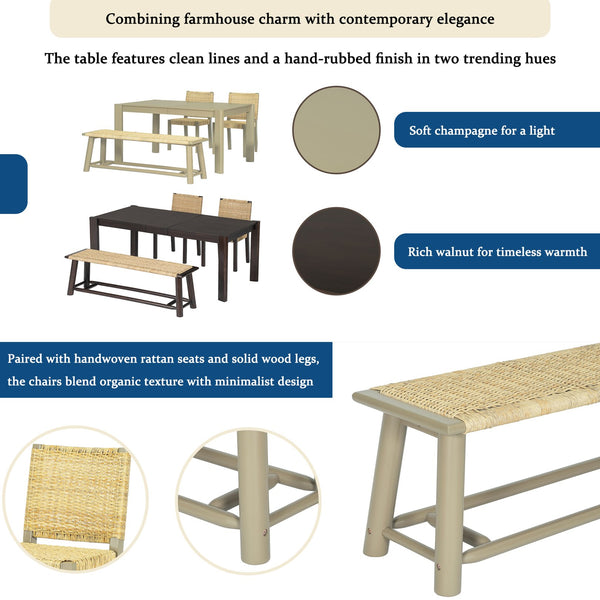 English Elm Modern Farmhouse Extendable Dining Table Set with Handwoven Rattan Chairs, Child‑Safe Rounded Edges, Expandable for 4‑8 Guests Gold TWSET2025-1E