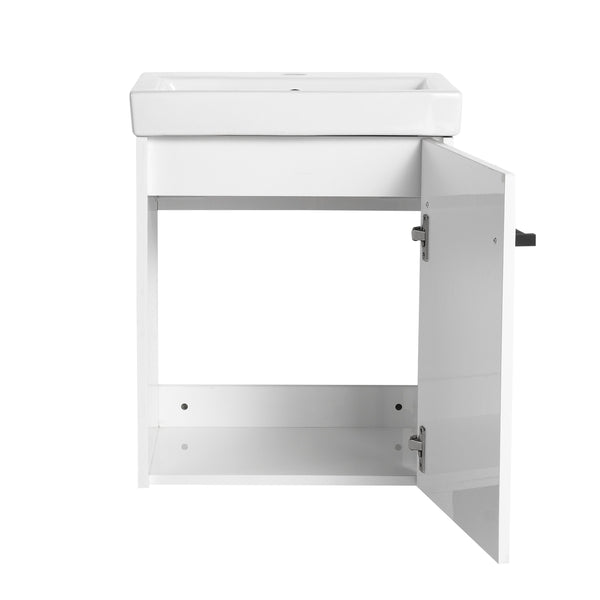 English Elm 18'' Floating Wall-Mounted Bathroom Vanity with Ceramic Sink, Soft-Close Door & Space-Saving Design Glossy White W999P236348