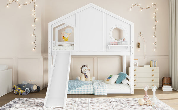 English Elm Full Bunk Bed with Trundle Bookshelf Storage Pine Frame Car Design for Kids Light White W1580S00464