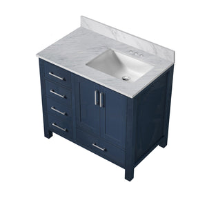 English Elm Navy Blue Bath Vanity With Carrara Marble Top, Right Offset Sink, Soft-Close Drawers & Storage B2731P258857