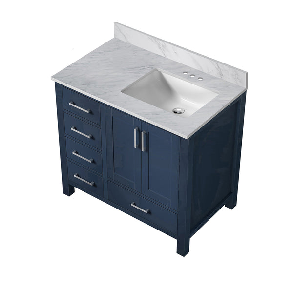 English Elm Navy Blue Bath Vanity With Carrara Marble Top, Right Offset Sink, Soft-Close Drawers & Storage B2731P258857