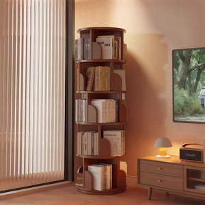 English Elm 5 Tier Rotating Bookshelf Tower with 360° Spin, Space-Saving Corner Display, Modern MDF Storage Unit Walnut W3204P355670