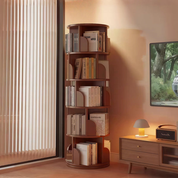 English Elm 5 Tier Rotating Bookshelf Tower with 360° Spin, Space-Saving Corner Display, Modern MDF Storage Unit Walnut W3204P355670