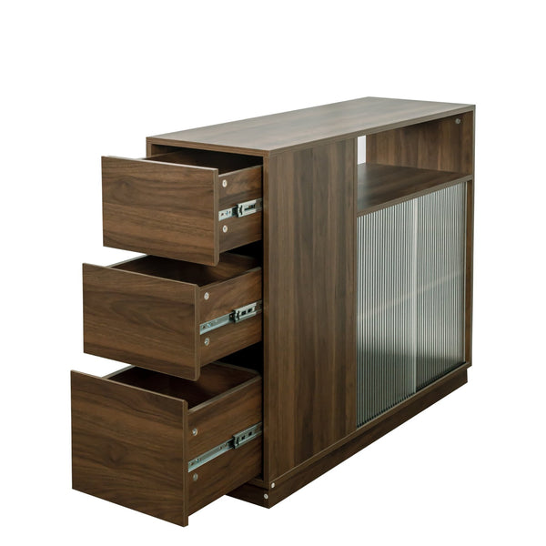 English Elm Kitchen Small Sideboard Countertop Organizer with Sliding Glass Doors, 3 Drawers & Display Shelf, Modern Storage Cabinet W331P289098