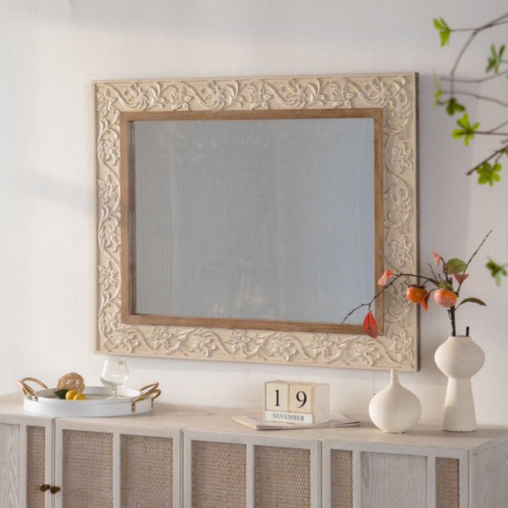 English Elm Vintage Ornate Carved Frame Rectangular Wall Mirror with Antique European Floral Relief W3081P391527