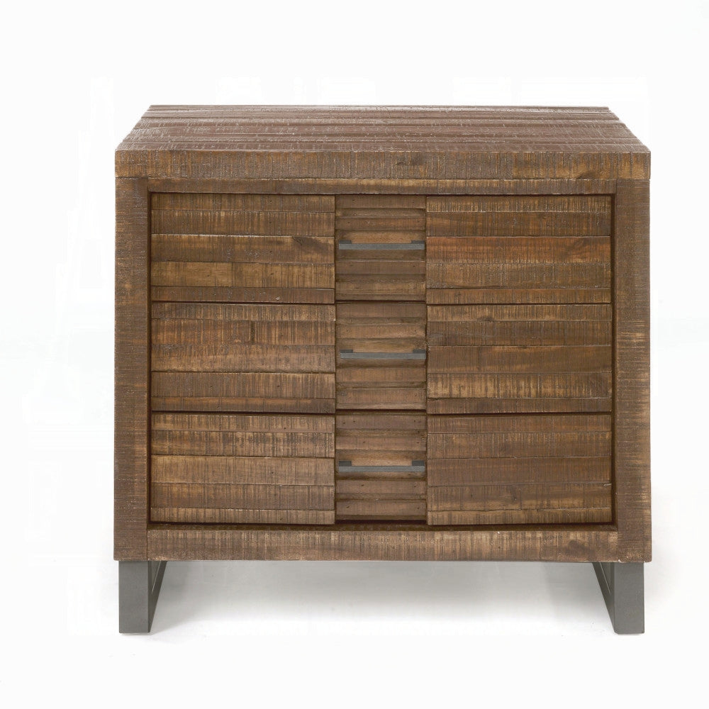 English Elm Rustic Oak Nightstand 3-Drawer with Slatted Inset Fronts, Metal Legs & Matching Hardware, 28"W x 18"D x 28"H B2741P322558