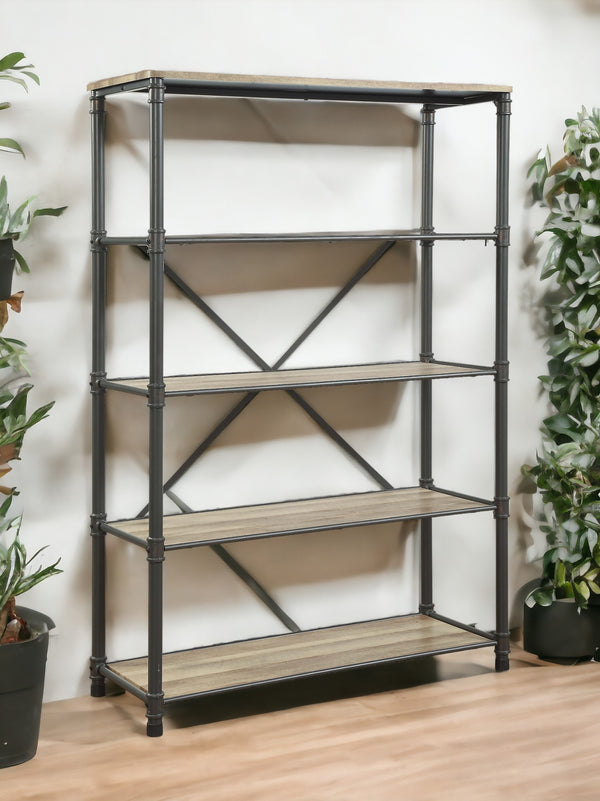 English Elm Itzel Industrial Steel Frame Bookshelf with Warm Oak Veneer Shelves for Home Office B2726P256219