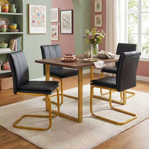 English Elm Modern Pu Leather Cantilever Dining Chairs Set of 4 with Steel Arc Frame for Kitchen Black+Gold W5123P454213