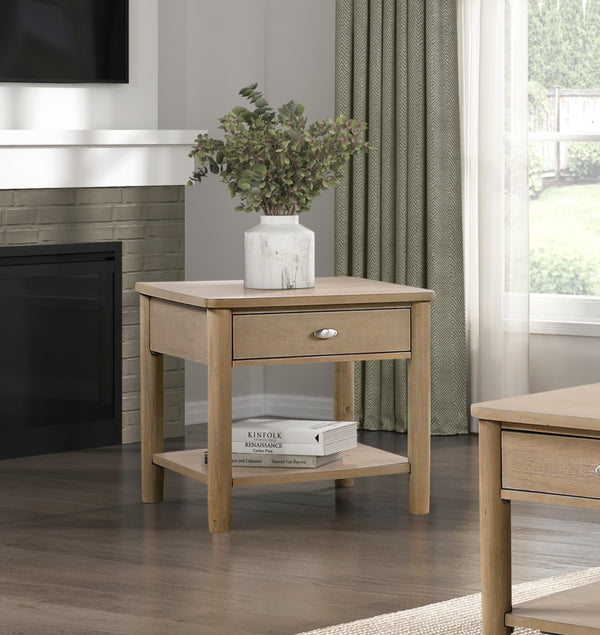 English Elm Classic Wooden End Table with Drawer and Open Shelf, 24" Square Accent Table for Living Room Natural 28.5 L x 27.25 W x 10.25 H B011P285303