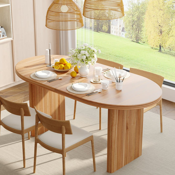 English Elm 55.11"-70.86" Extendable Dining Table with Sculpted Striped Legs Seats Six in Modern Style Natural Walnut W757P411752