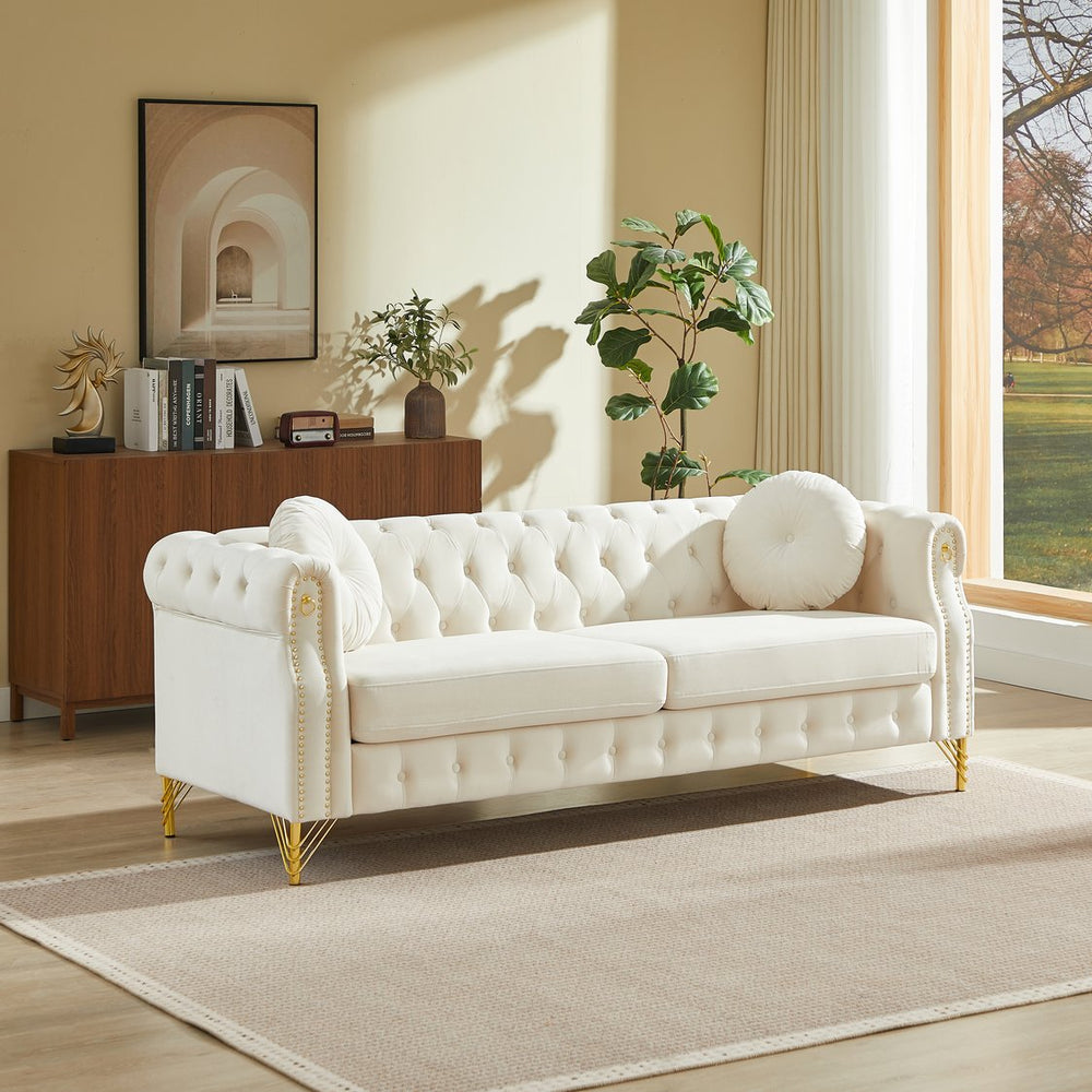 English Elm 82-inch Velvet Chesterfield Sofa Tufted Button Back with Copper Studs and Gold Metal Legs Beige W834S00617