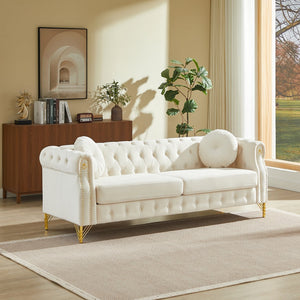 English Elm 82-inch Velvet Chesterfield Sofa Tufted Button Back with Copper Studs and Gold Metal Legs Beige W834S00617