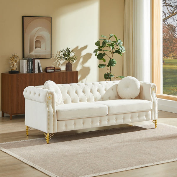 English Elm 82-inch Velvet Chesterfield Sofa Tufted Button Back with Copper Studs and Gold Metal Legs Beige W834S00617