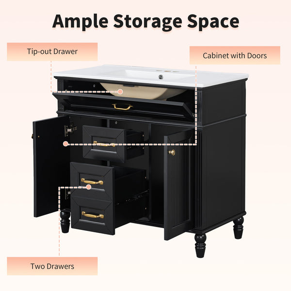 English Elm 36" Freestanding Single Sink Bathroom Vanity Rubberwood Cabinet with Matching Mirror Black N725S314034B