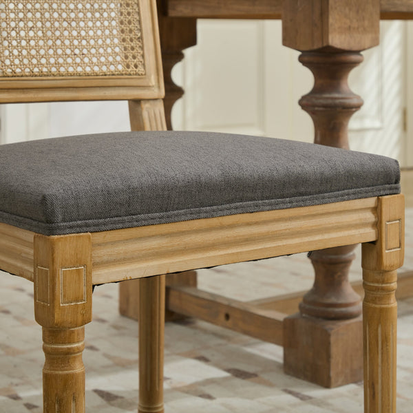 English Elm French Louis Dining Chair Set of 2 with Rattan Square Backrest, Carved Solid Wood Frame, Cushioned Elegance Gray W1143P335057