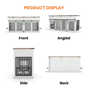 English Elm 71'' Walnut Woodgrain Dog Kennel Cabinet with Fluted Drawers and Built-in Power Station W5216S00001