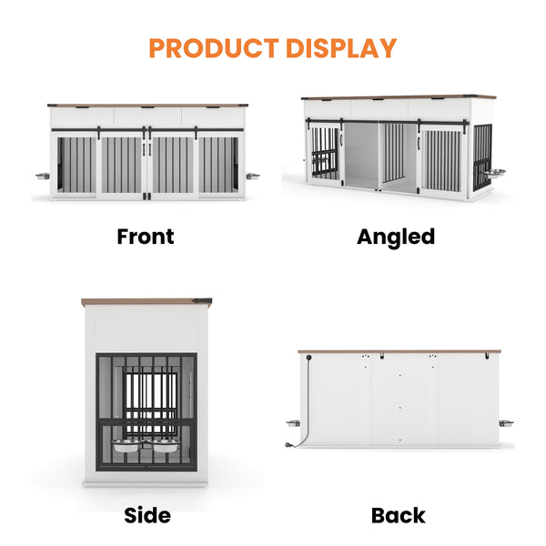 English Elm 71'' Walnut Woodgrain Dog Kennel Cabinet with Fluted Drawers and Built-in Power Station W5216S00001