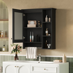 English Elm 3-in-1 Matte Medicine Cabinet Wall Mounted Mirror with Towel Bar and Storage Shelf Black N710P401340B