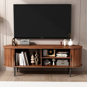 English Elm Tv Stand, 55" Walnut Mid-Century Modern Console With Storage, Sliding Door & Stylish Design For Home W2641P329198-GIGA